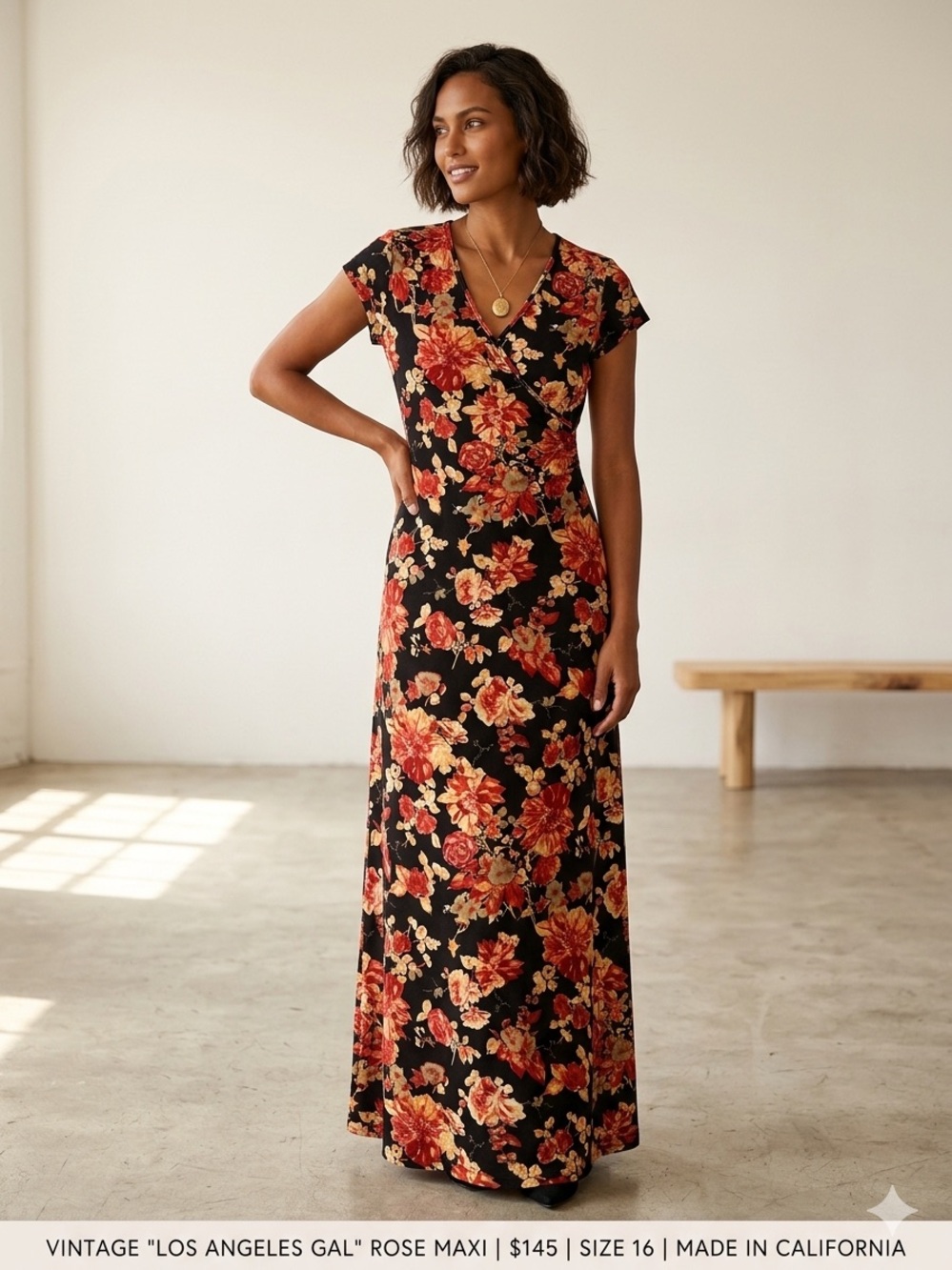 Vintage Los Angeles Gal Floral Faux Wrap Maxi Dress - Size 16 - Made in USA